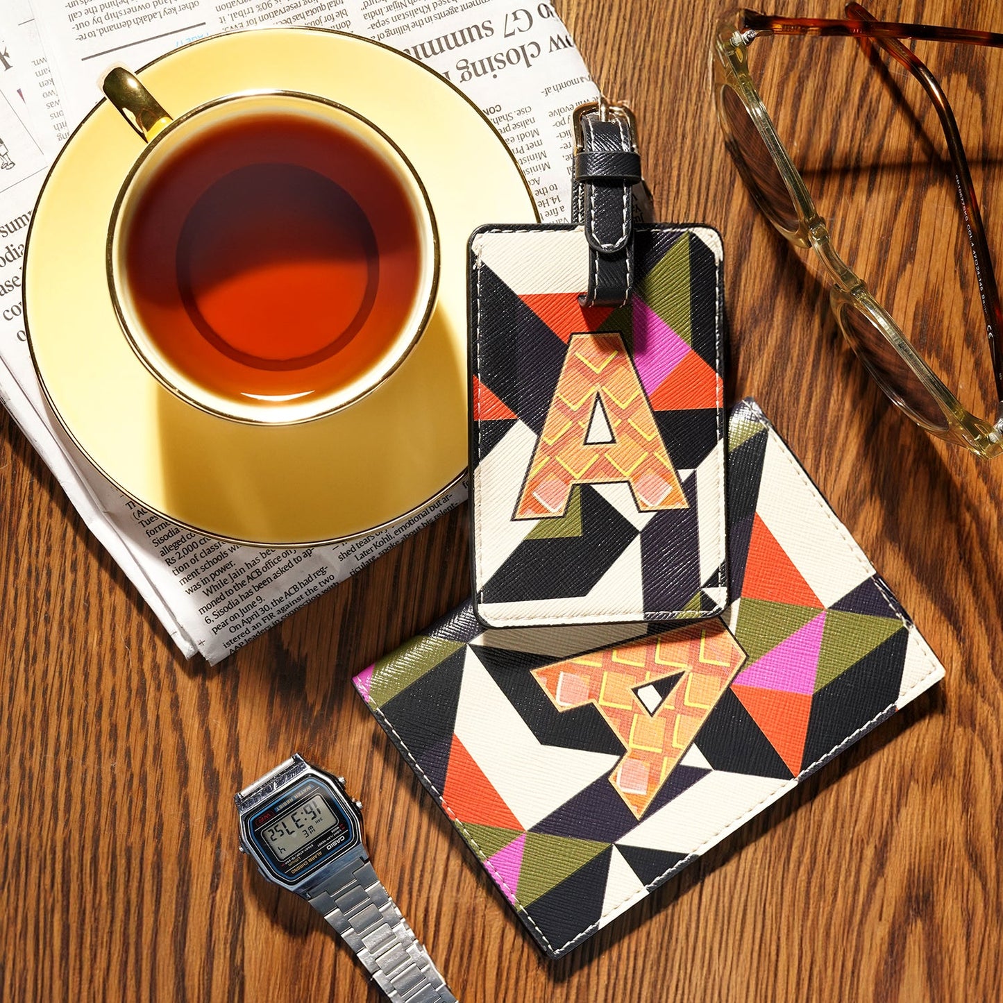 Set of 2 Orange & Pink A Passport Holder & Luggage Tag