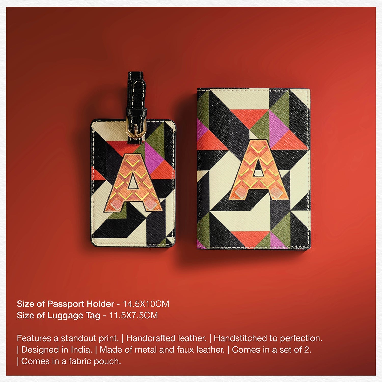 Set of 2 Orange & Pink A Passport Holder & Luggage Tag