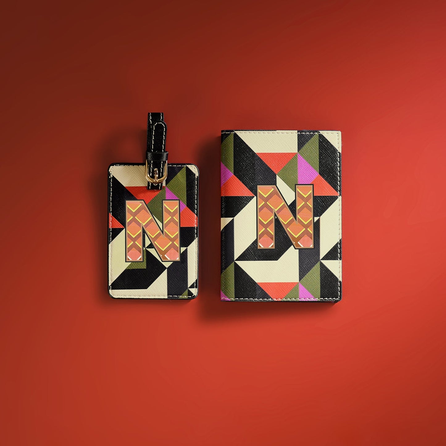 Set of 2 Orange & Pink N Passport Holder & Luggage Tag