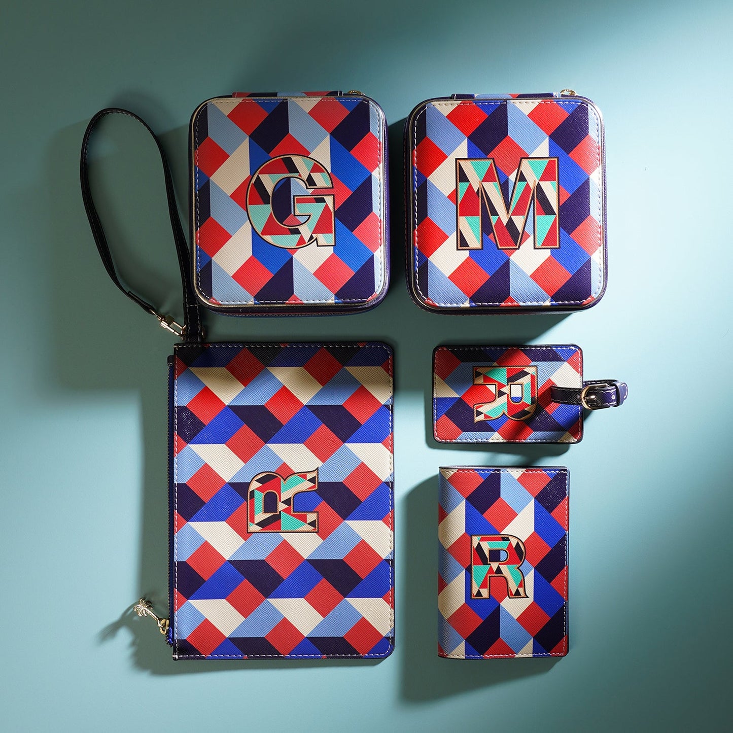 Set of 2 Blue & Peach R Passport Holder & Luggage Tag
