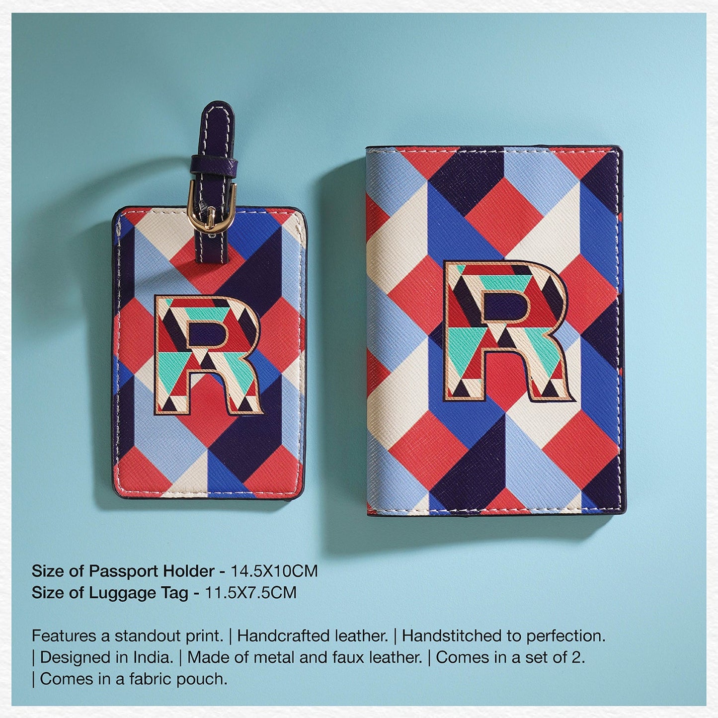 Set of 2 Blue & Peach R Passport Holder & Luggage Tag