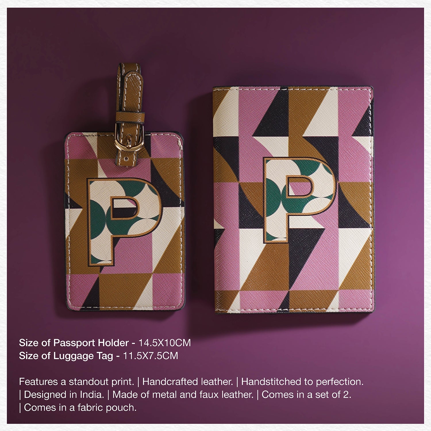 Set of 2 Pink & Green P Passport Holder & Luggage Tag