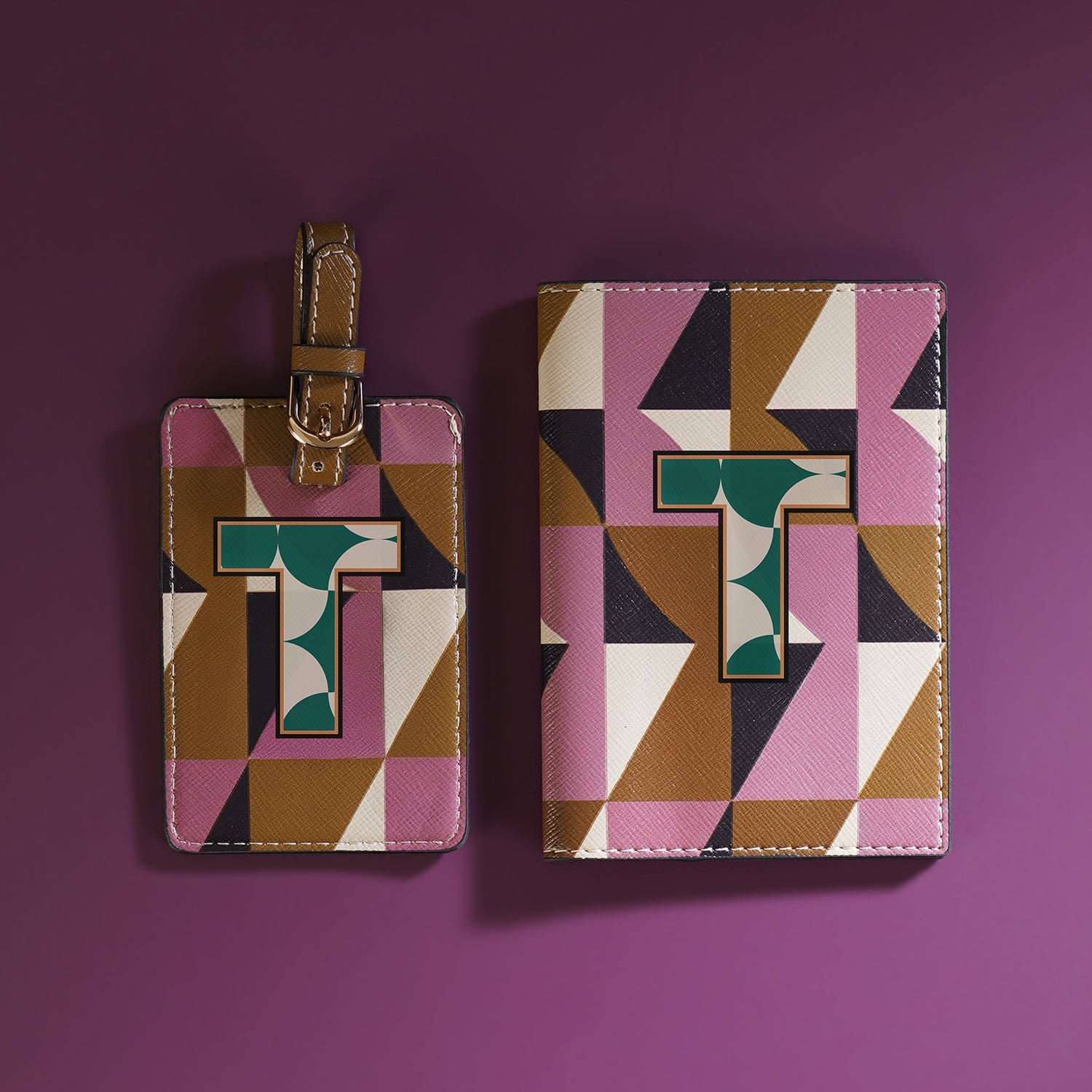 Set of 2 Pink & Green T Passport Holder & Luggage Tag