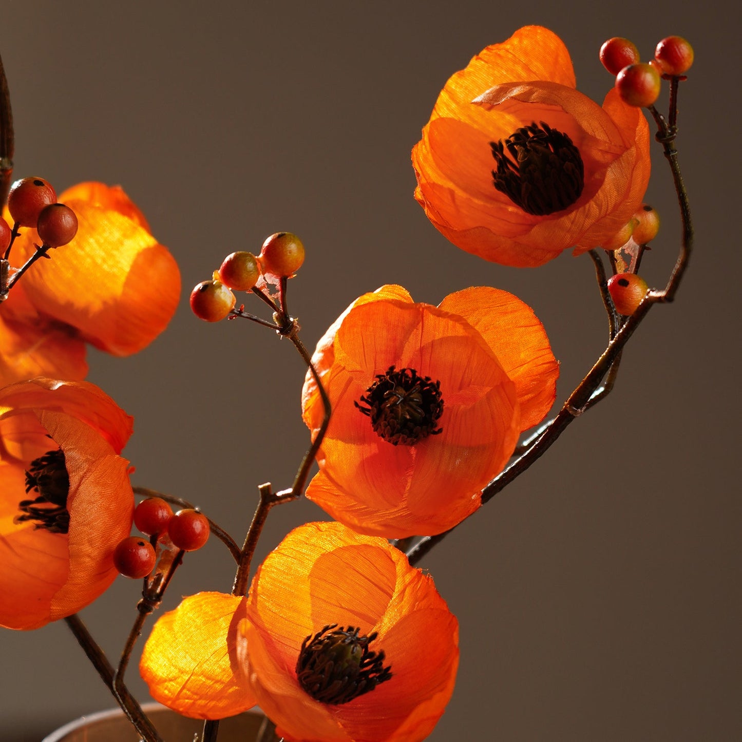 Orange Poppy Berry Artificial Flower Stem - Single