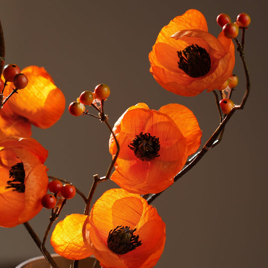 Orange Poppy Berry Artificial Flower Stem - Single