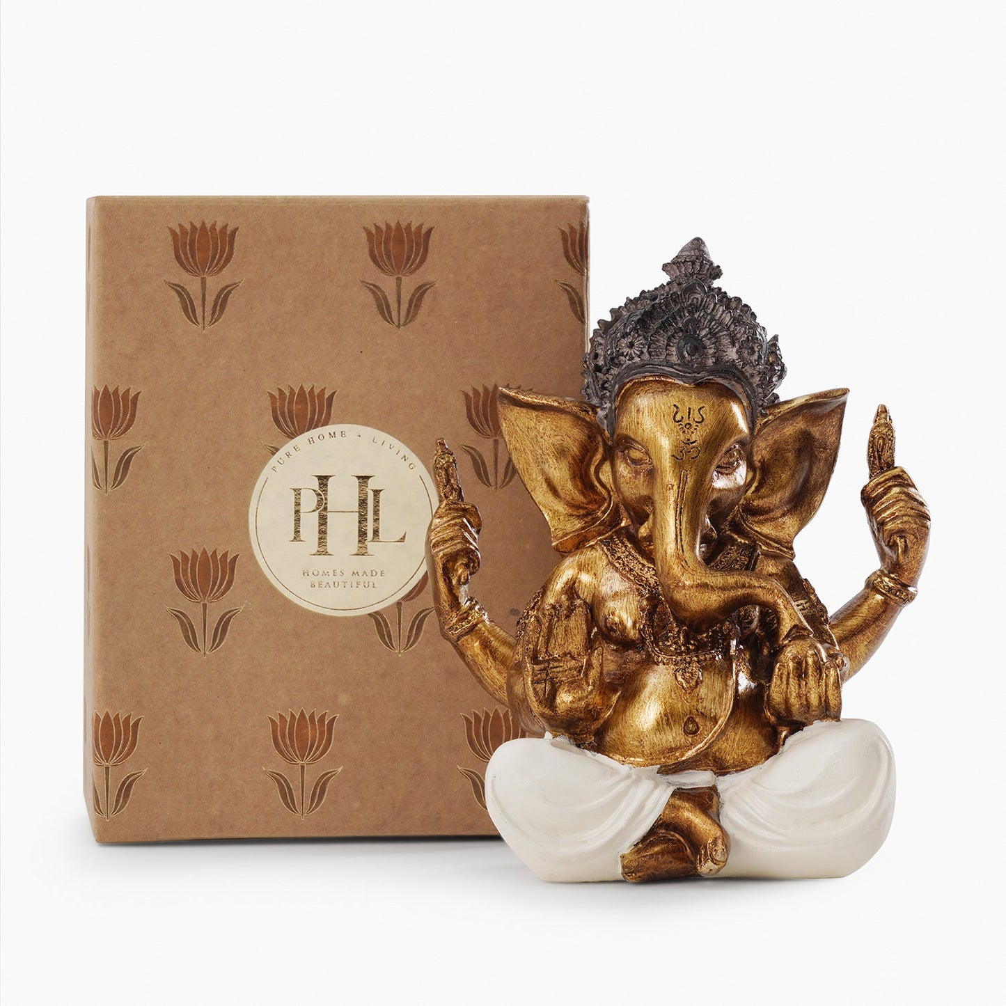 Ivory Antique Gold Polyresin Sitting Ganesha - Large