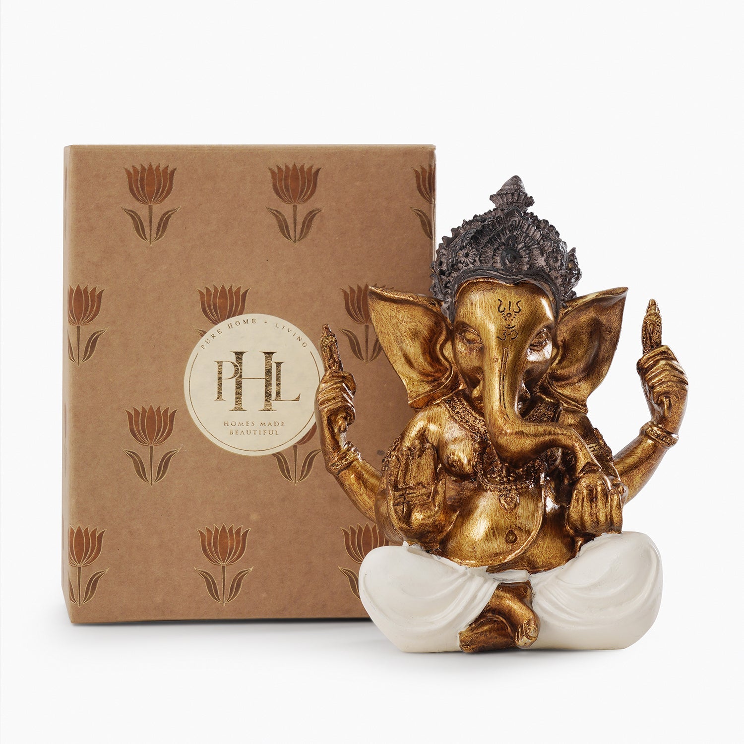 Ivory Antique Gold Polyresin Sitting Ganesha - Large