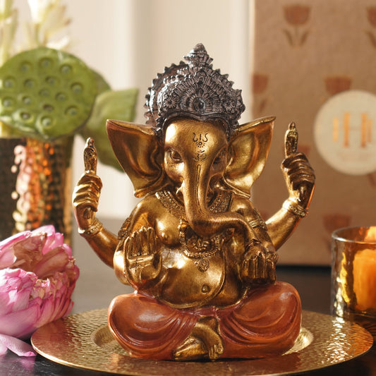 Orange Antique Gold Polyresin Sitting Ganesha - Large
