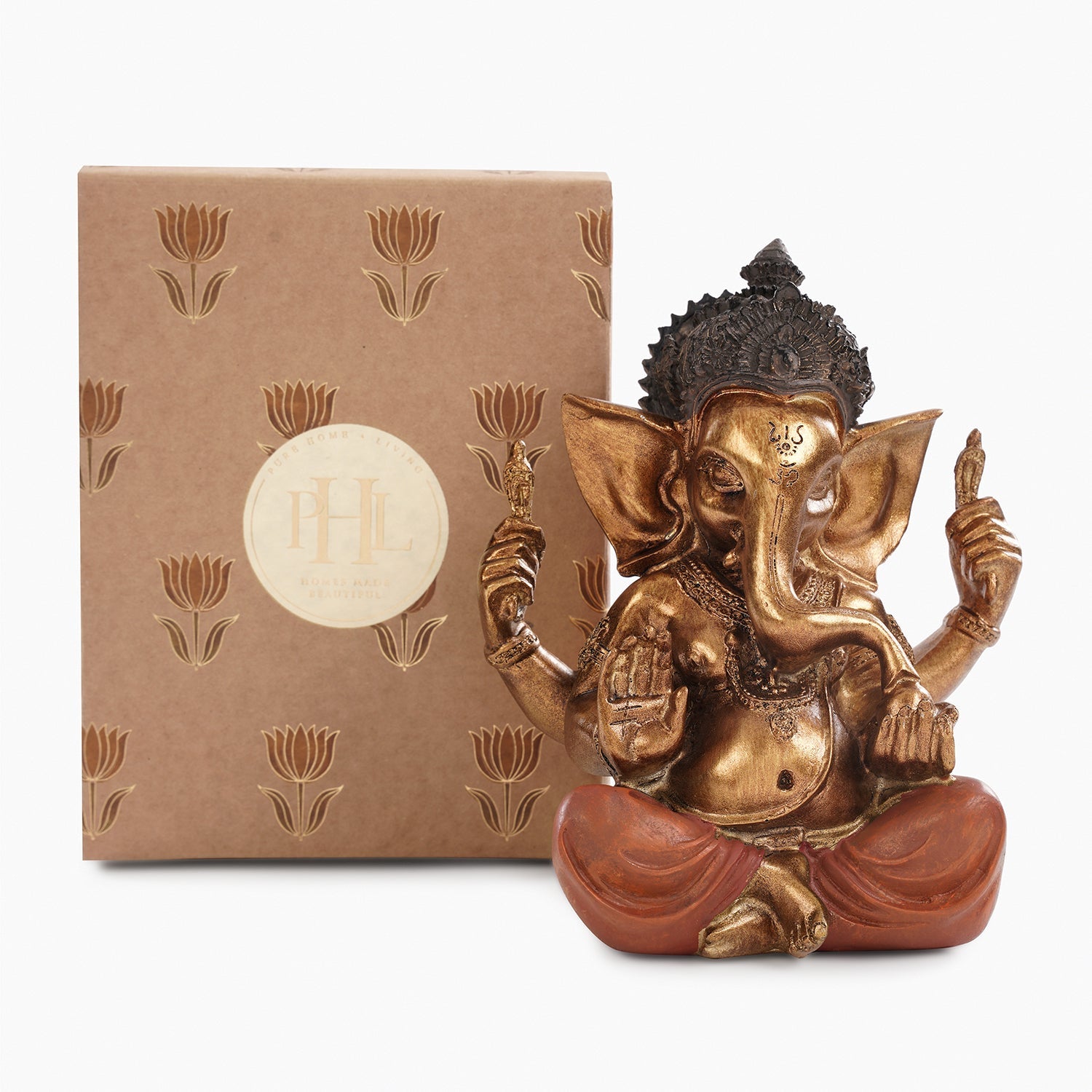 Orange Antique Gold Polyresin Sitting Ganesha - Large