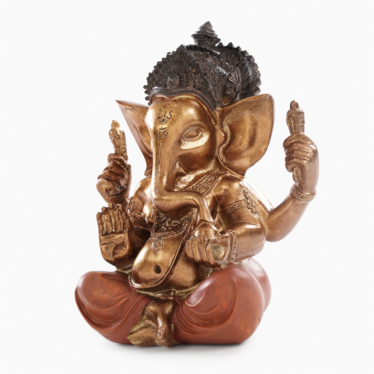 Orange Antique Gold Polyresin Sitting Ganesha - Large