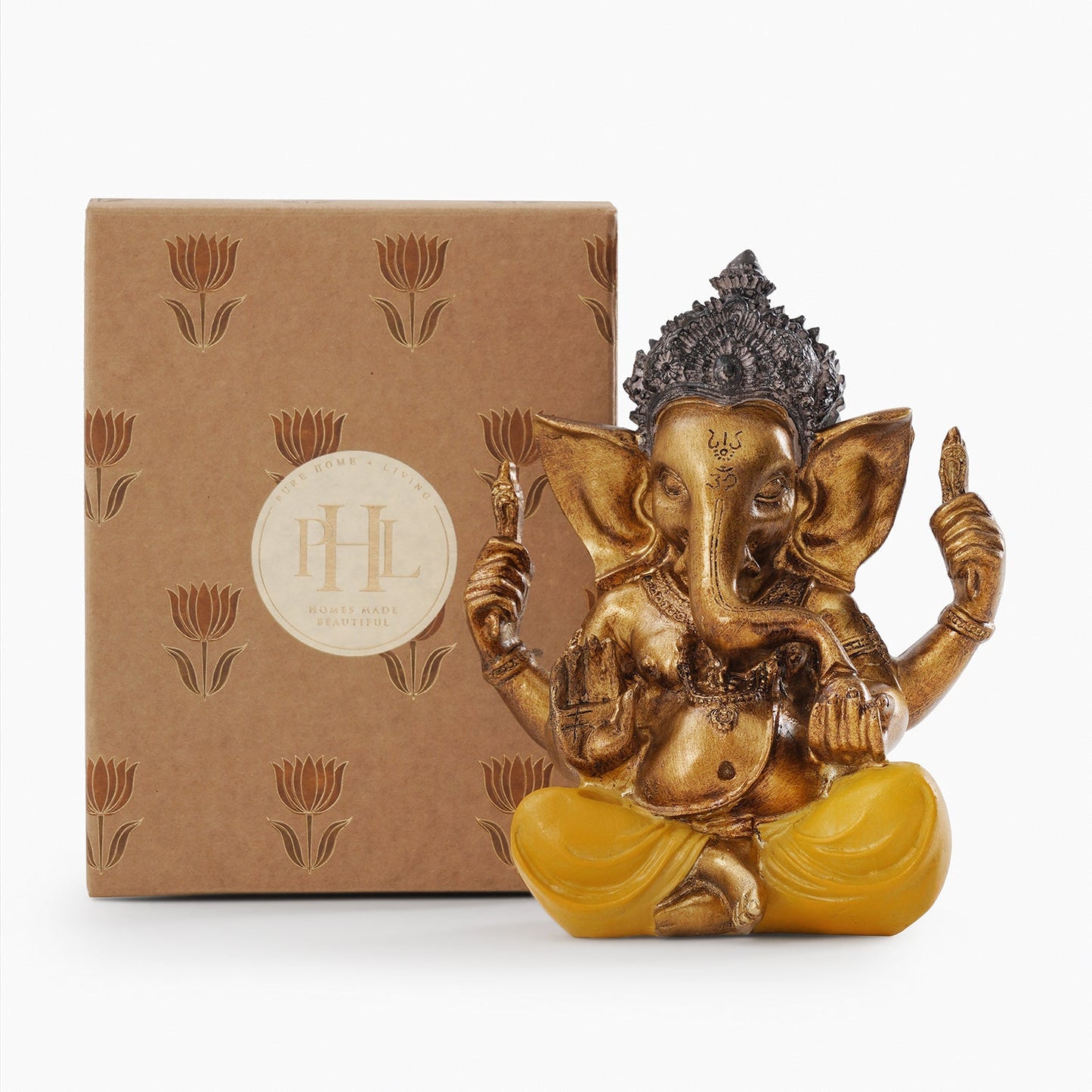 Yellow Antique Gold Polyresin Sitting Ganesha - Large