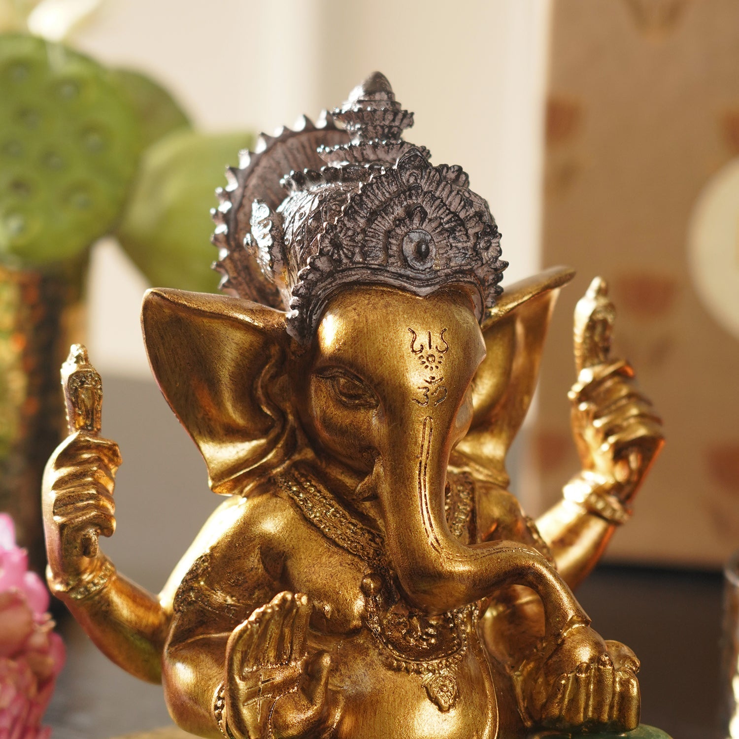 Dark Green Antique Gold Polyresin Sitting Ganesha - Large