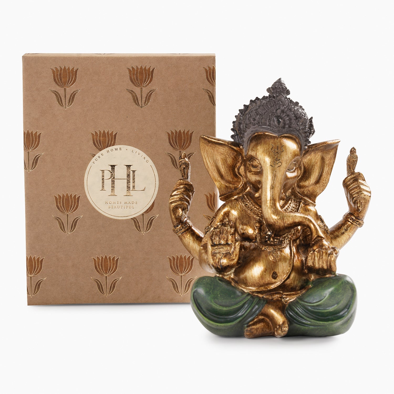Dark Green Antique Gold Polyresin Sitting Ganesha - Large