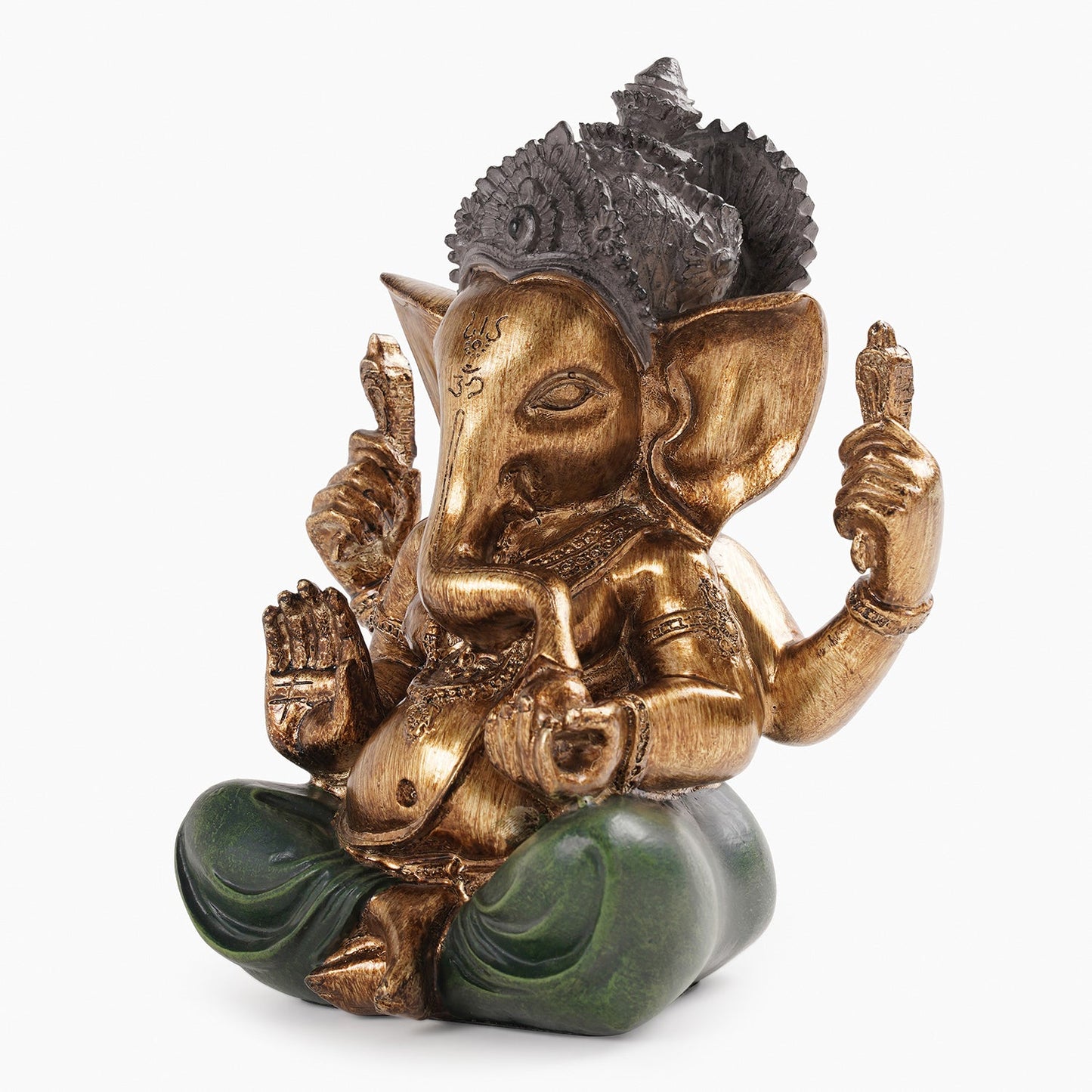 Dark Green Antique Gold Polyresin Sitting Ganesha - Large