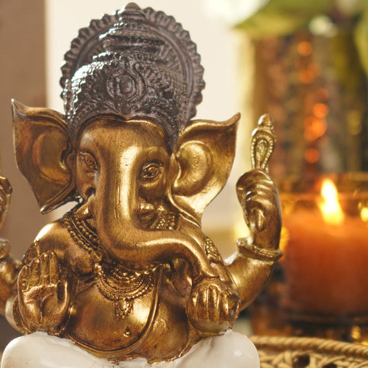 Ivory Antique Gold Polyresin Sitting Ganesha - Medium