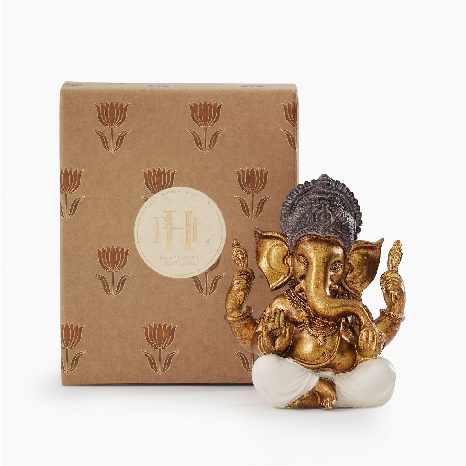 Ivory Antique Gold Polyresin Sitting Ganesha - Medium
