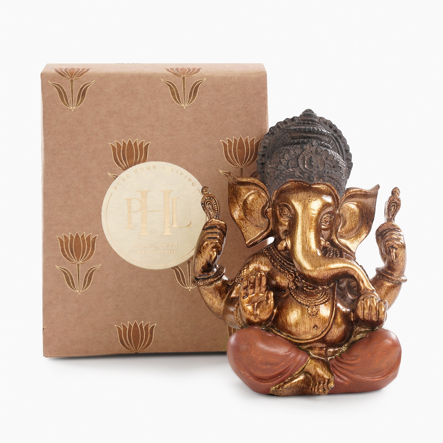 Orange Antique Gold Polyresin Sitting Ganesha - Medium