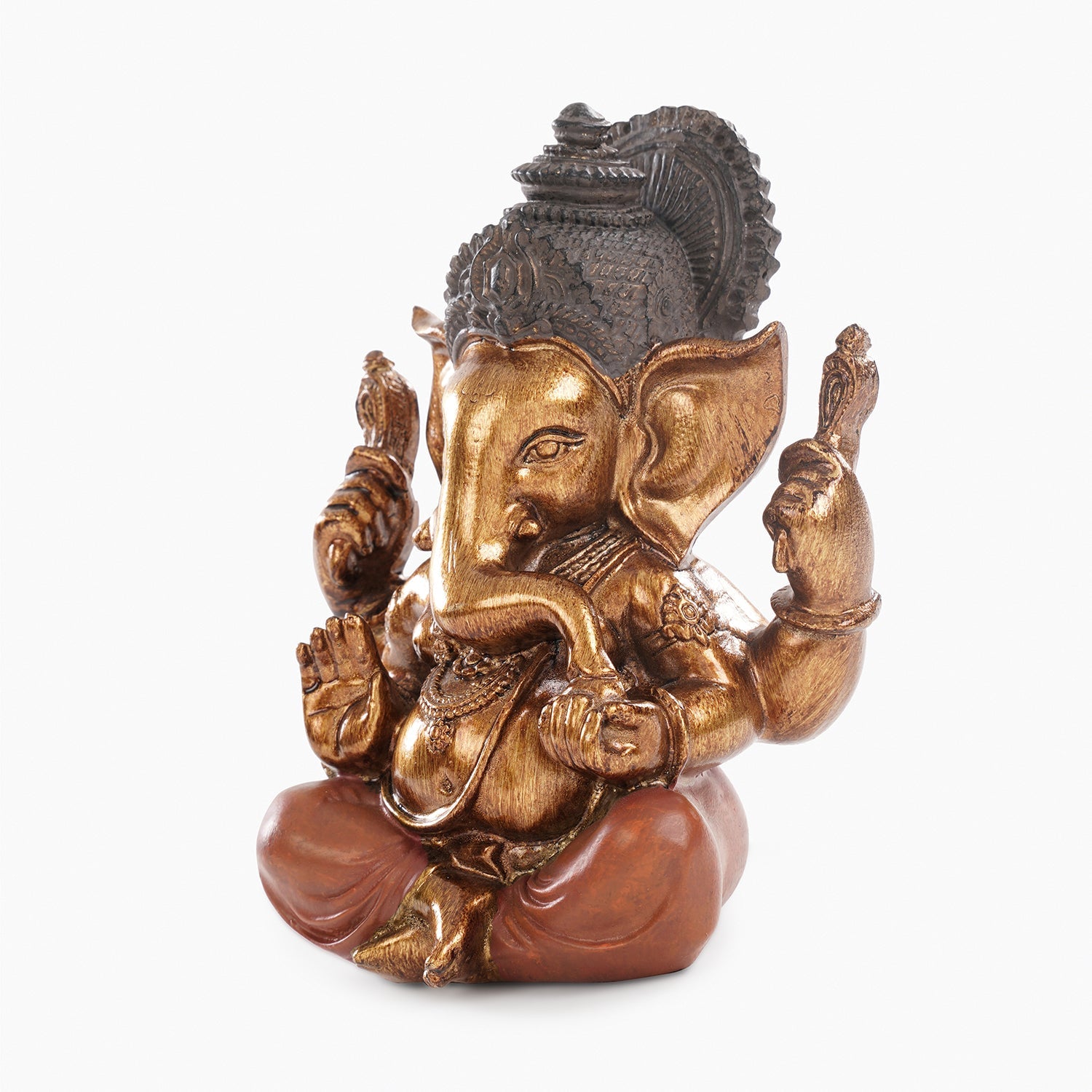 Orange Antique Gold Polyresin Sitting Ganesha - Medium