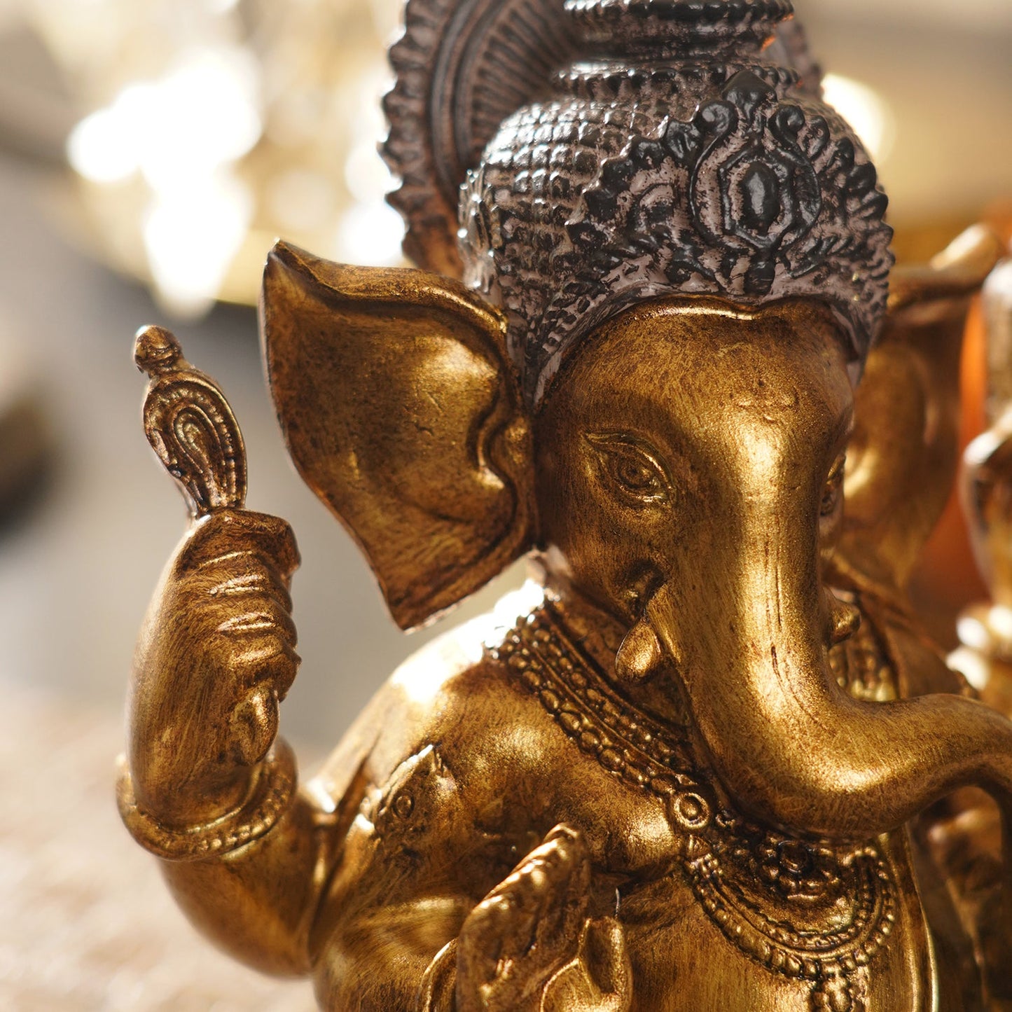 Yellow Antique Gold Polyresin Sitting Ganesha - Medium