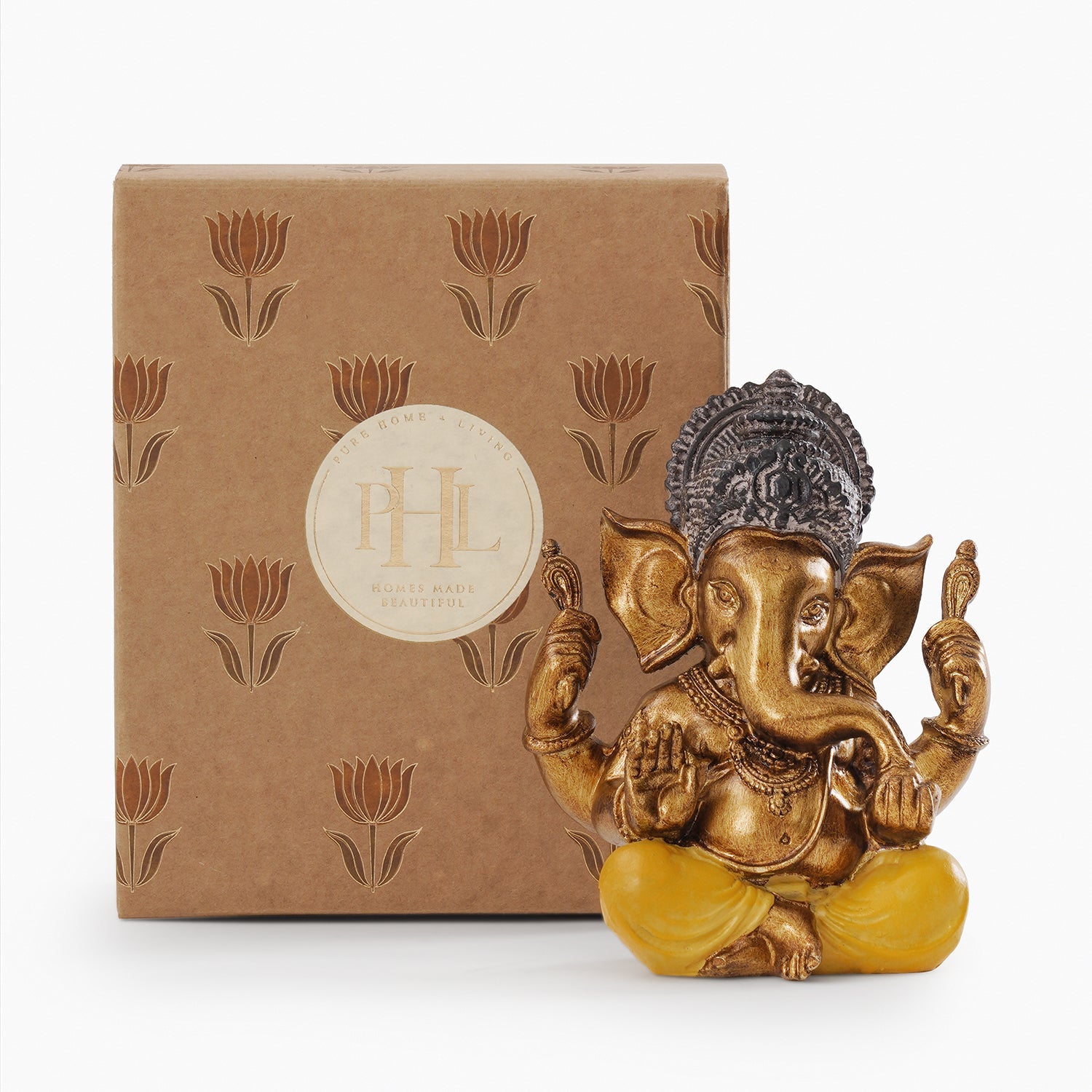 Yellow Antique Gold Polyresin Sitting Ganesha - Medium