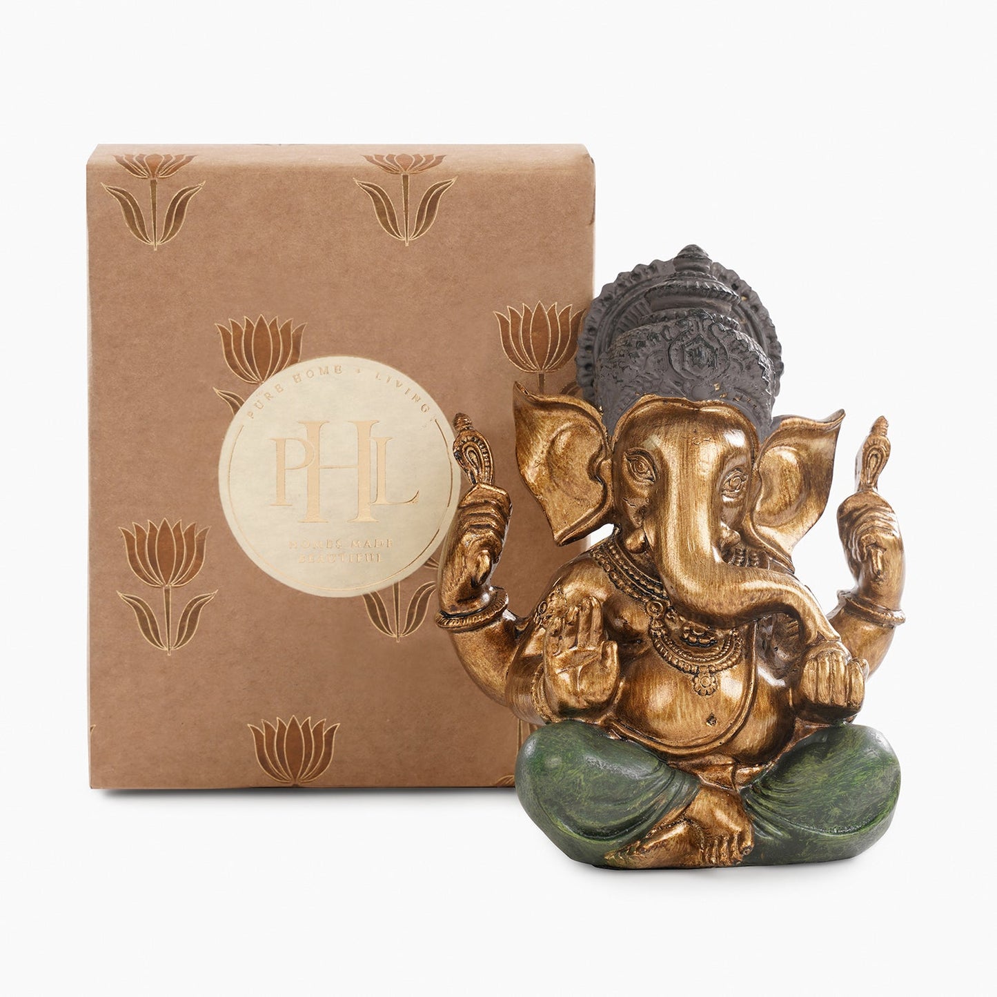 Dark Green Antique Gold Polyresin Sitting Ganesha - Medium