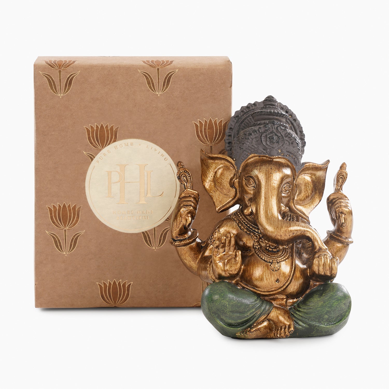 Dark Green Antique Gold Polyresin Sitting Ganesha - Medium