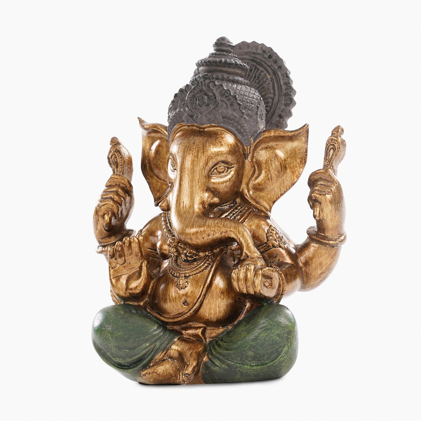 Dark Green Antique Gold Polyresin Sitting Ganesha - Medium
