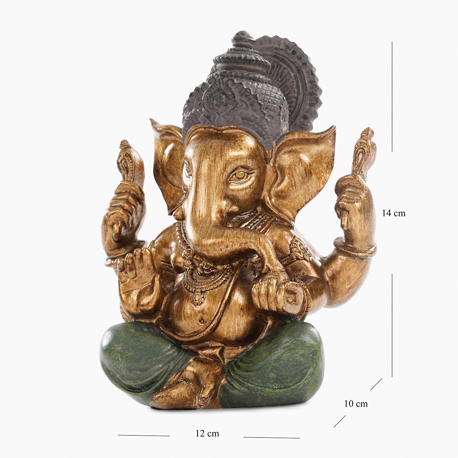 Dark Green Antique Gold Polyresin Sitting Ganesha - Medium