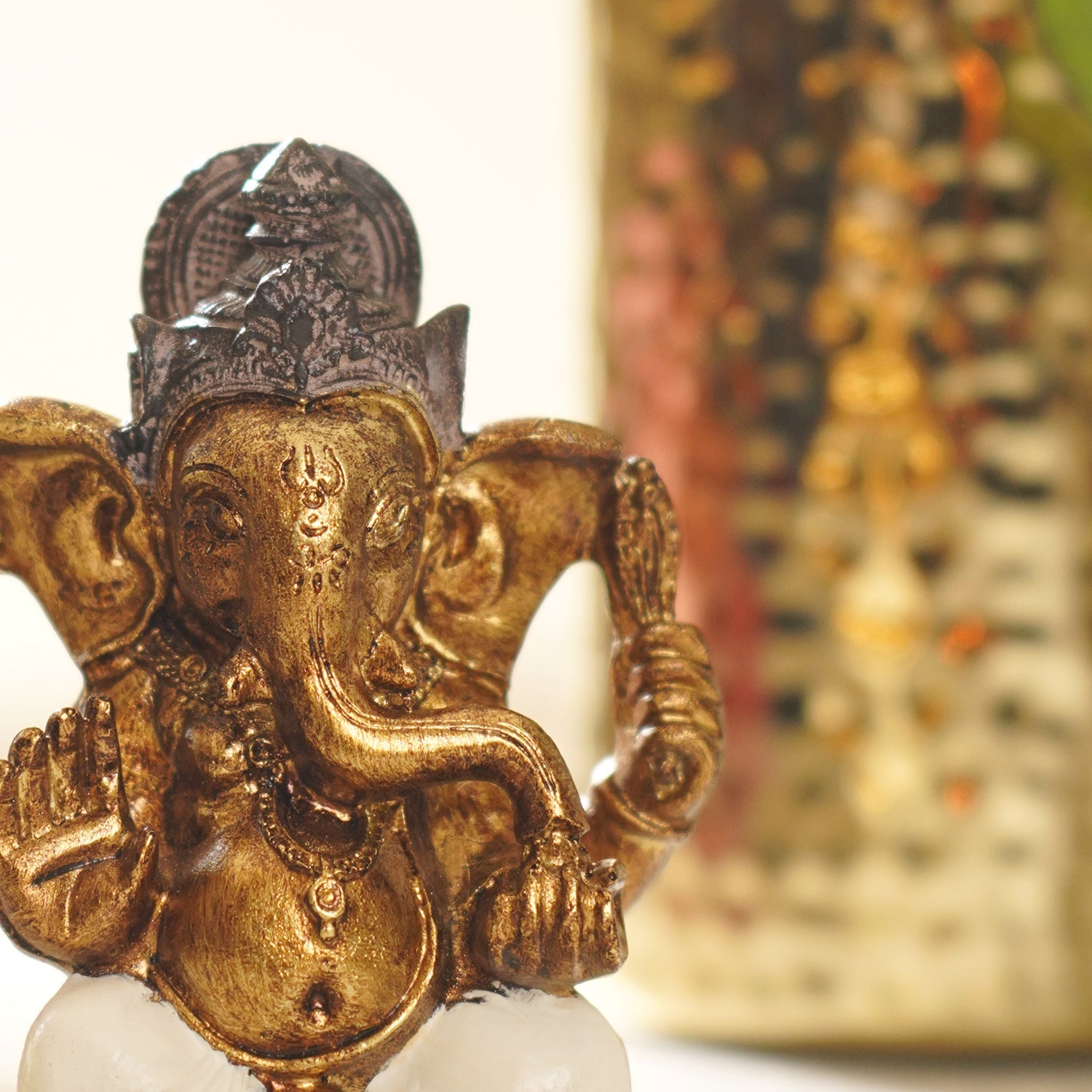 Ivory Antique Gold Polyresin Sitting Ganesha - Small