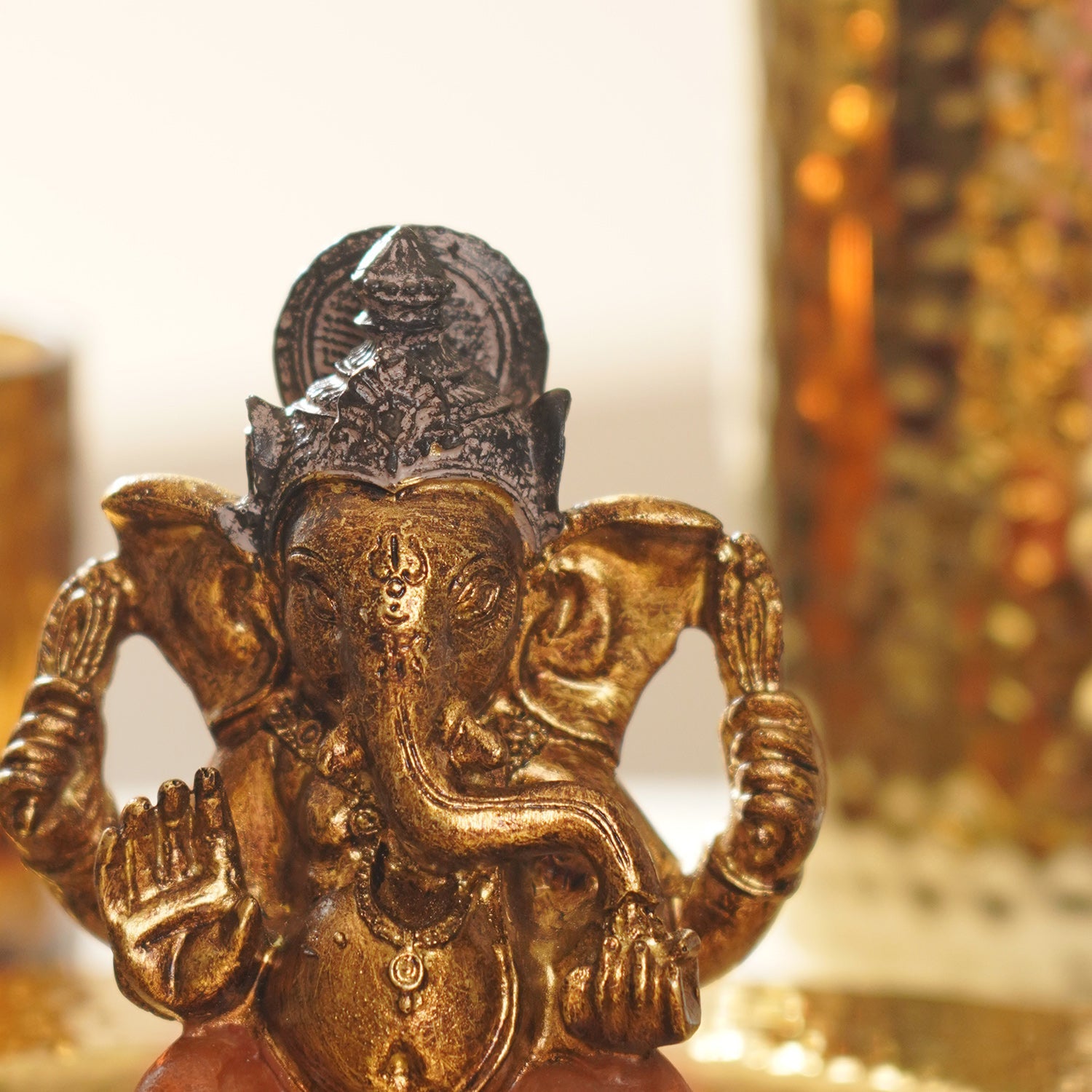 Orange Antique Gold Polyresin Sitting Ganesha - Small