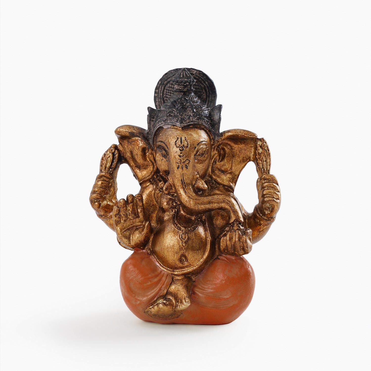 Orange Antique Gold Polyresin Sitting Ganesha - Small