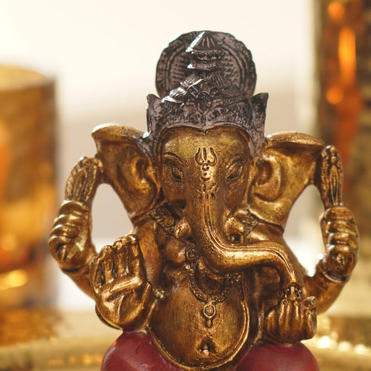 Dark Red Antique Gold Polyresin Sitting Ganesha - Small