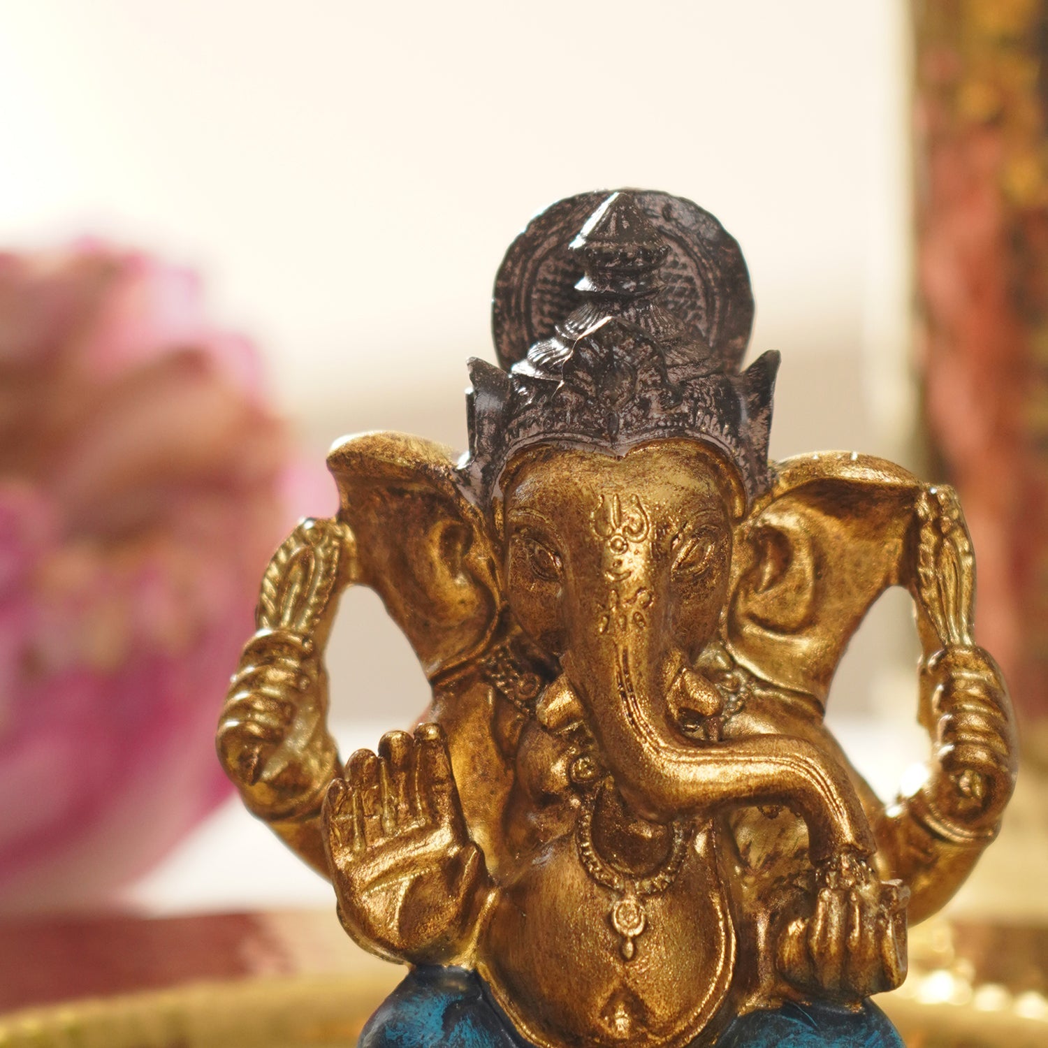 Dark Blue Antique Gold Polyresin Sitting Ganesha - Small