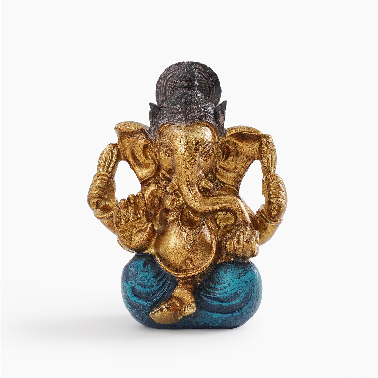 Dark Blue Antique Gold Polyresin Sitting Ganesha - Small