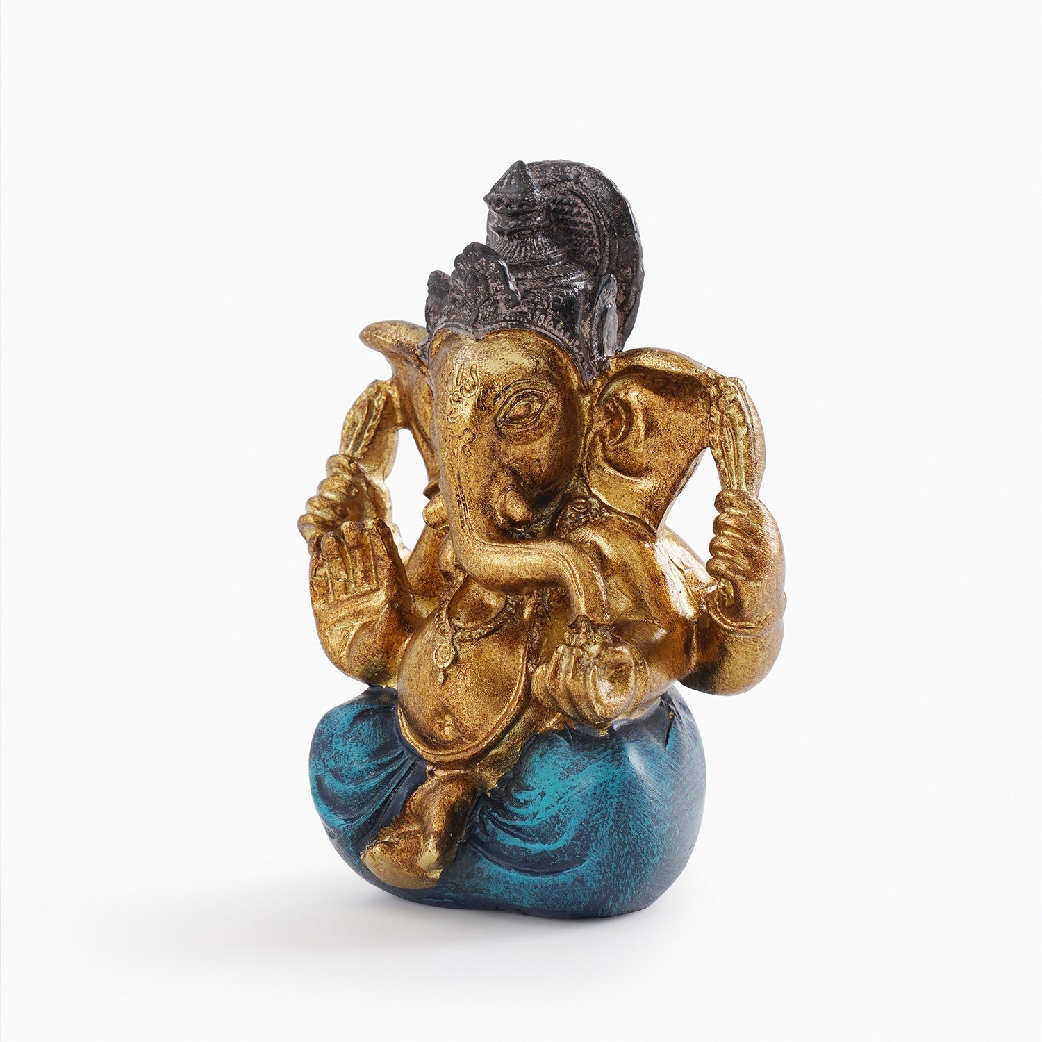 Dark Blue Antique Gold Polyresin Sitting Ganesha - Small