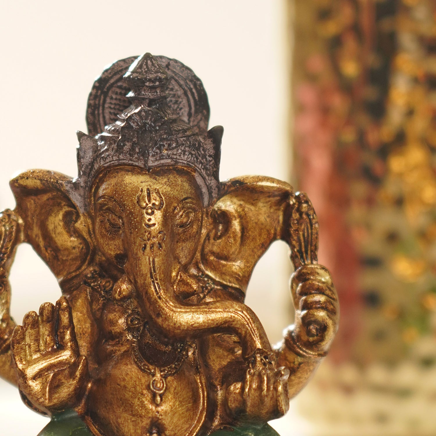 Dark Green Antique Gold Polyresin Sitting Ganesha - Small