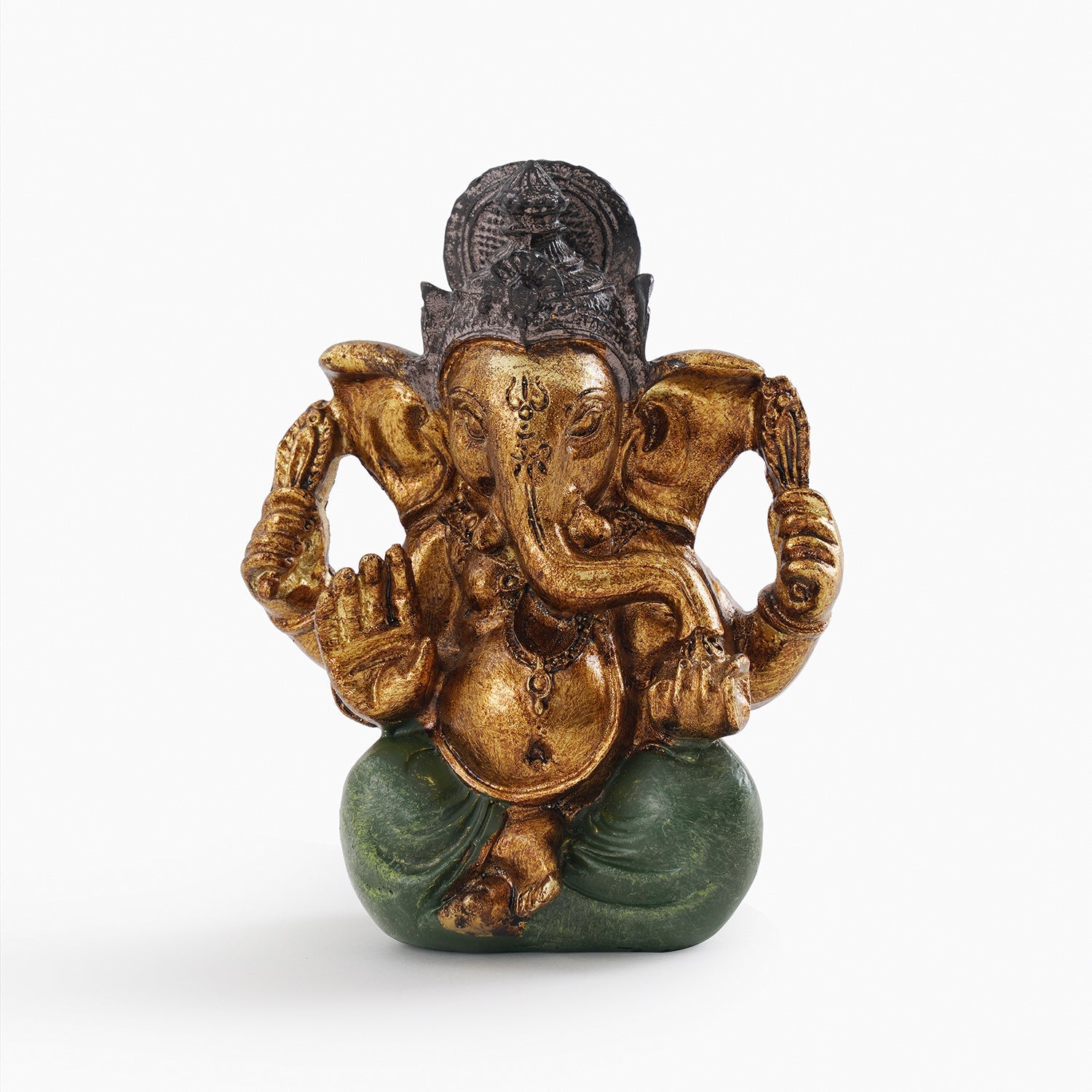 Dark Green Antique Gold Polyresin Sitting Ganesha - Small