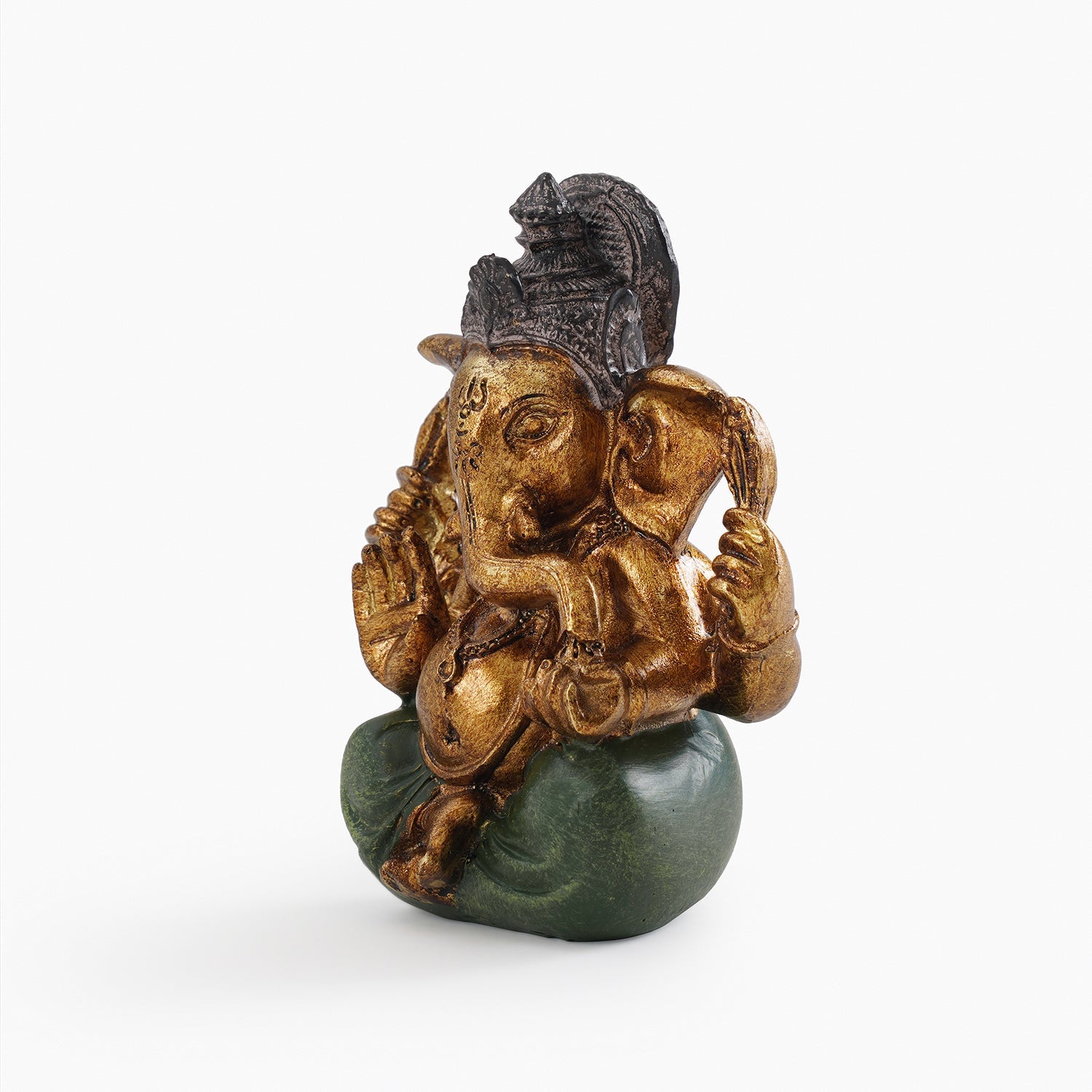 Dark Green Antique Gold Polyresin Sitting Ganesha - Small