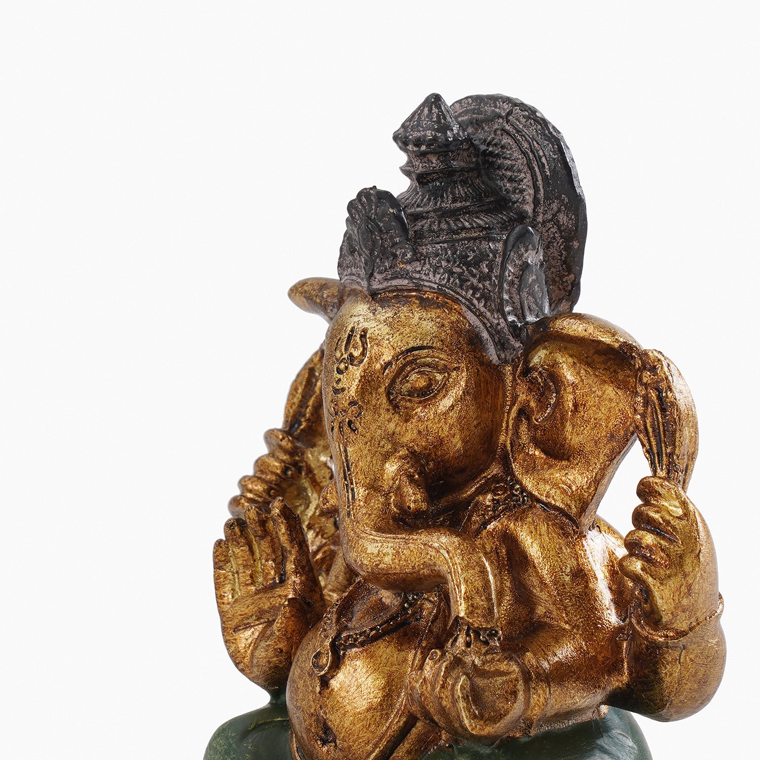 Dark Green Antique Gold Polyresin Sitting Ganesha - Small