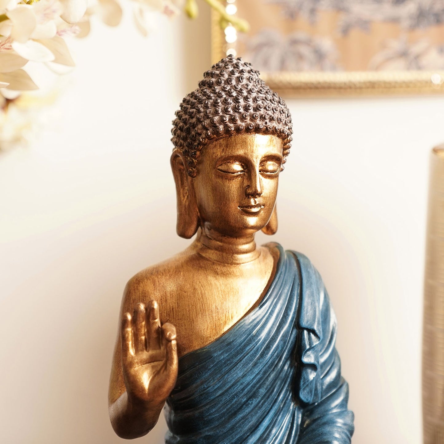 Dark Blue Antique Gold Polyresin Sitting Buddha - Large