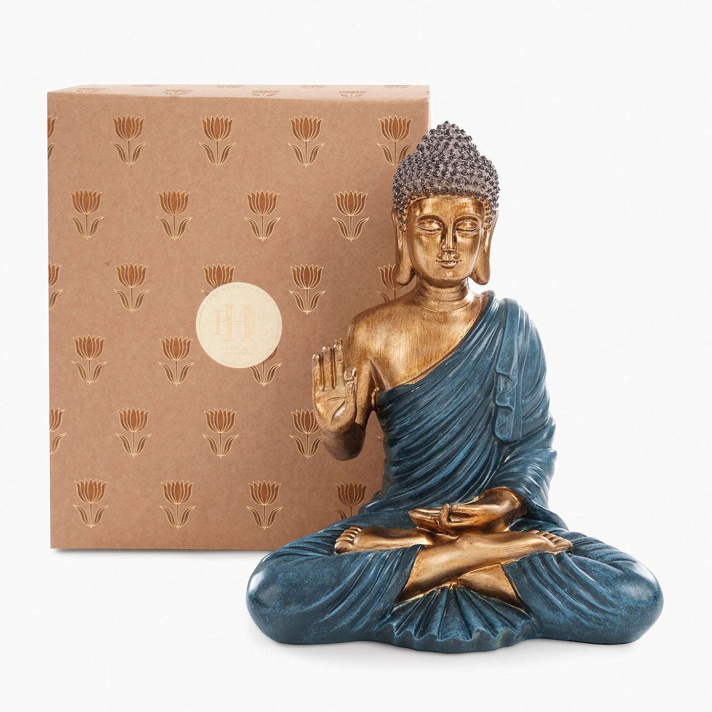 Dark Blue Antique Gold Polyresin Sitting Buddha - Large