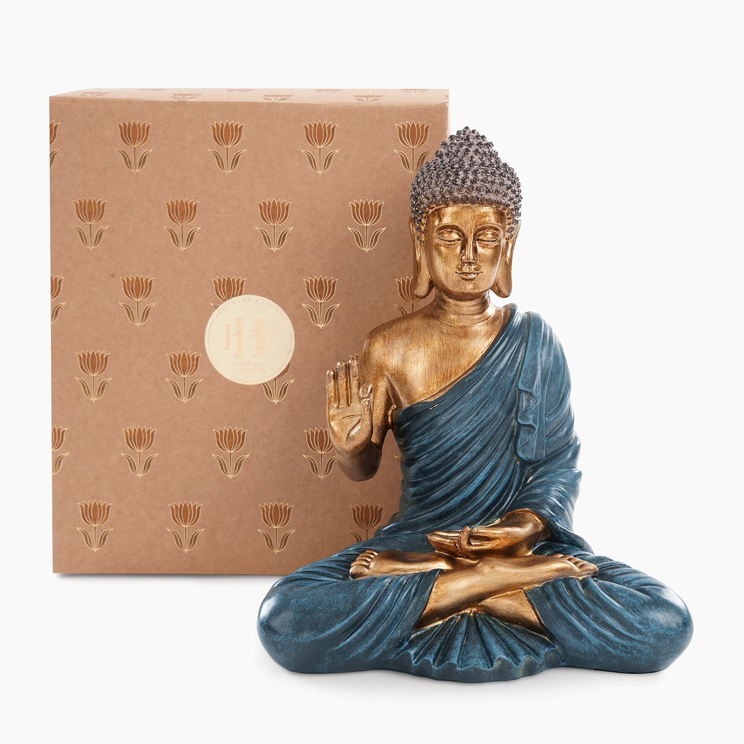 Dark Blue Antique Gold Polyresin Sitting Buddha - Large