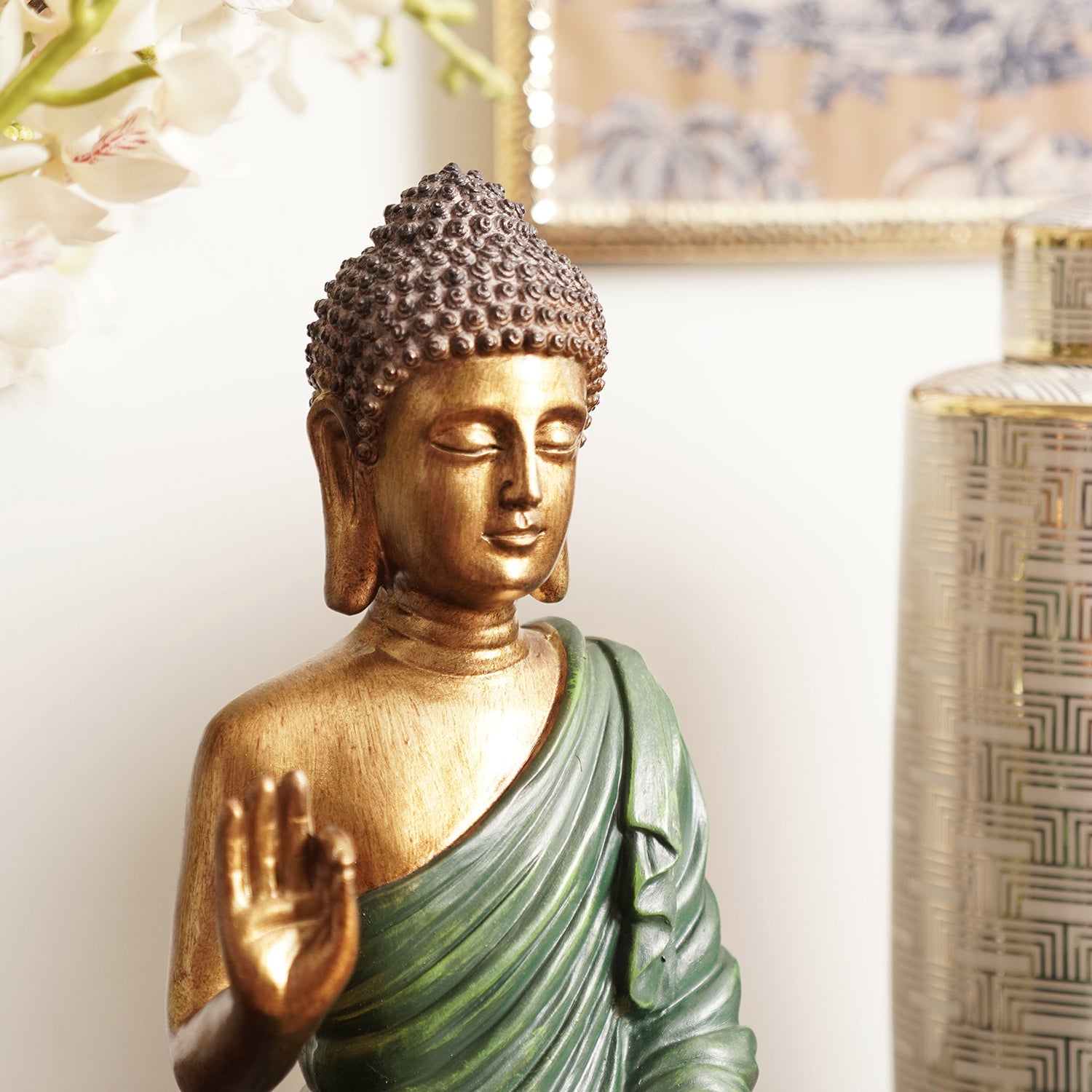 Dark Green Antique Gold Polyresin Sitting Buddha - Large