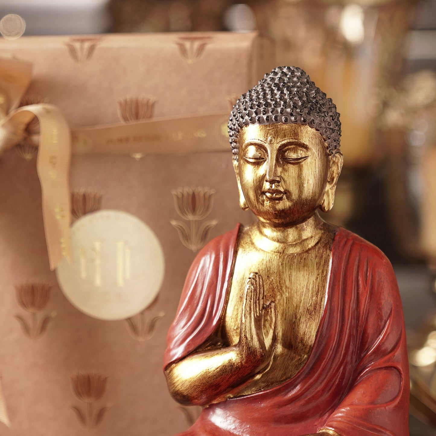 Dark Red Antique Gold Polyresin Sitting Buddha - Medium
