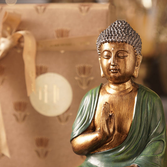 Dark Green Antique Gold Polyresin Sitting Buddha - Medium