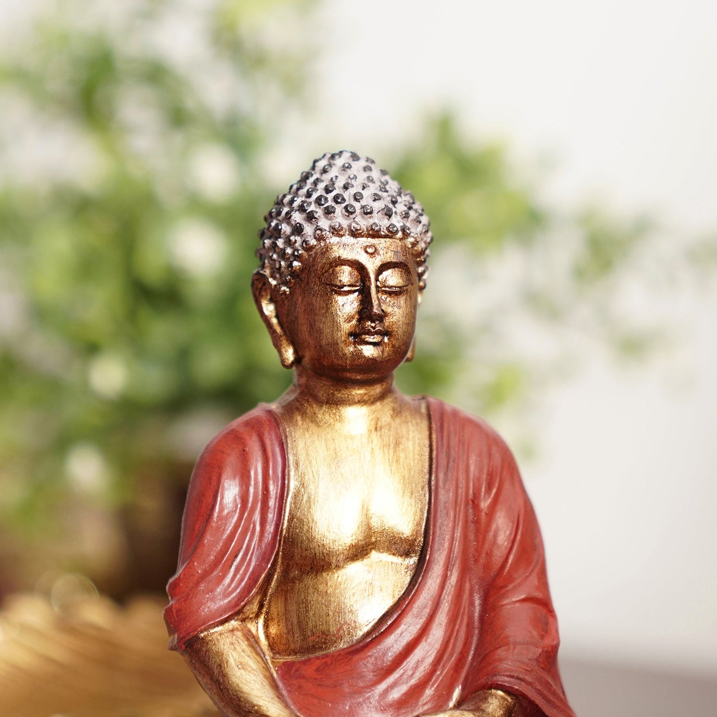 Dark Red Antique Gold Polyresin Sitting Buddha - Small