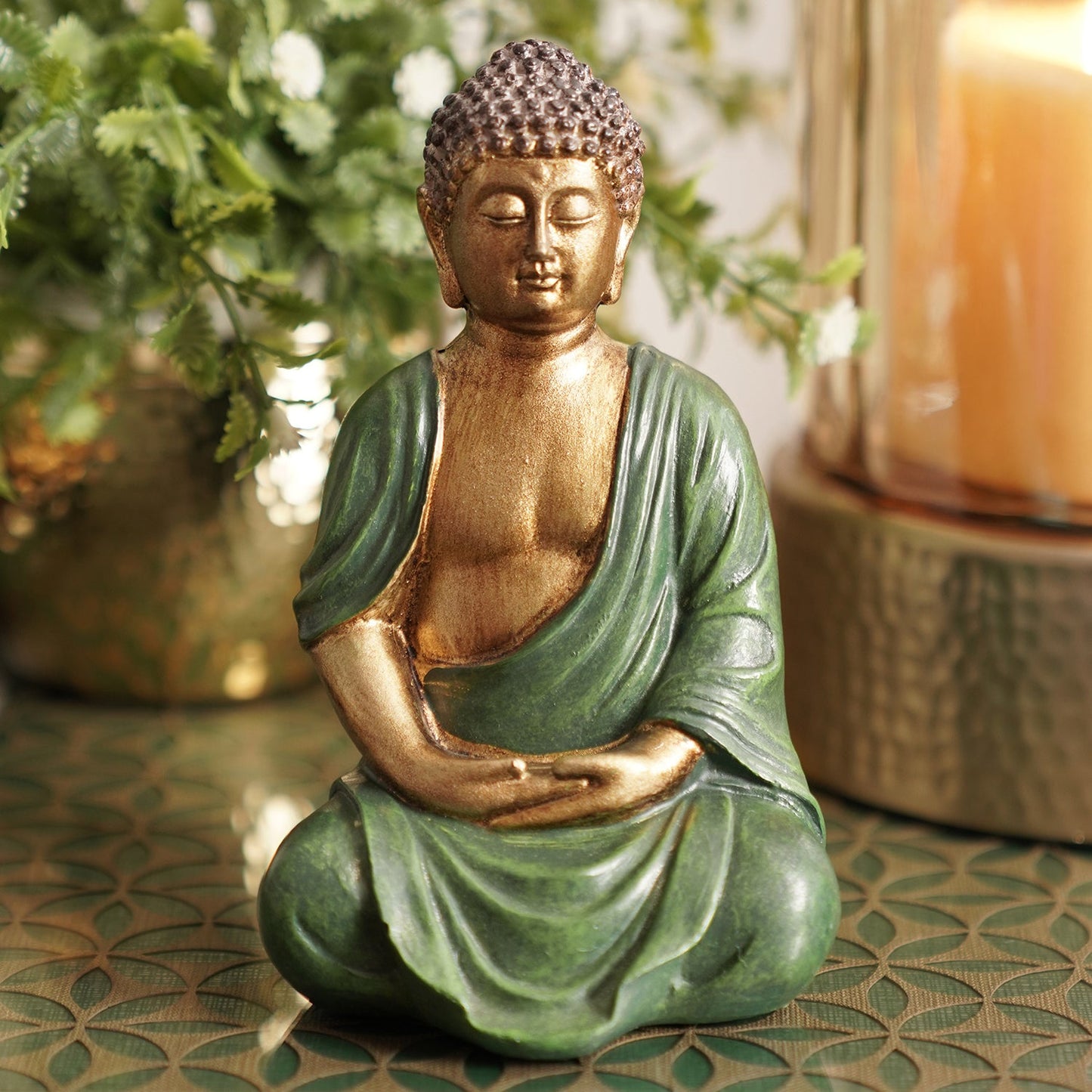 Dark Green Antique Gold Polyresin Sitting Buddha - Small