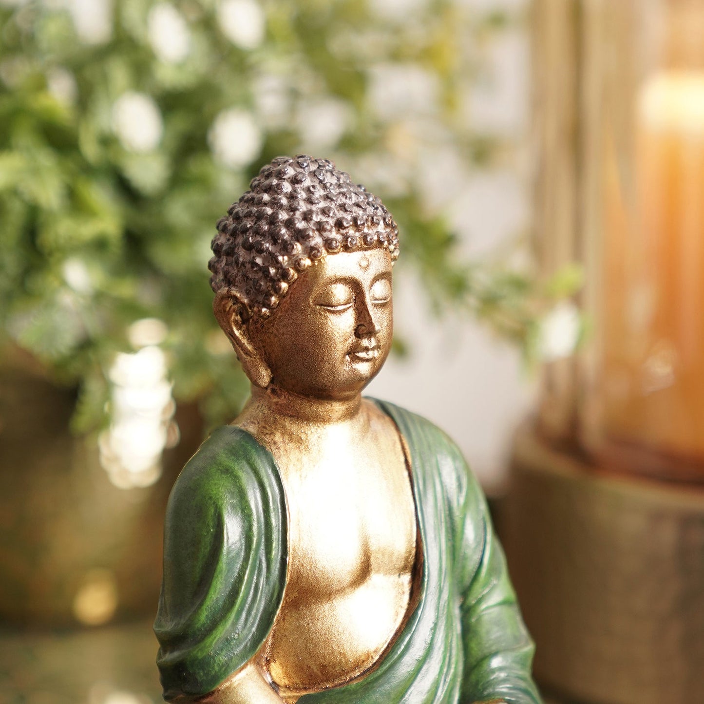 Dark Green Antique Gold Polyresin Sitting Buddha - Small