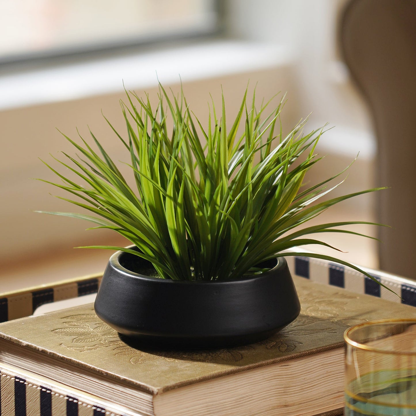 Green Artificial Grass in Cement Pot - Medium