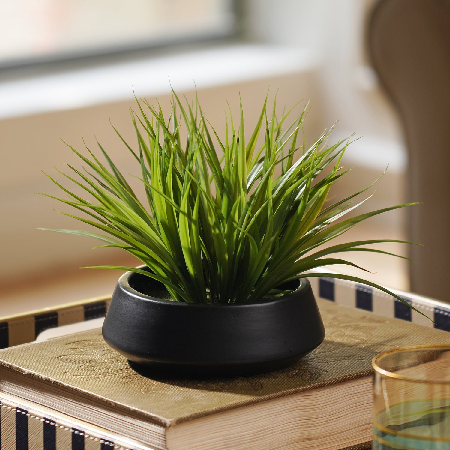 Green Artificial Grass in Cement Pot - Medium